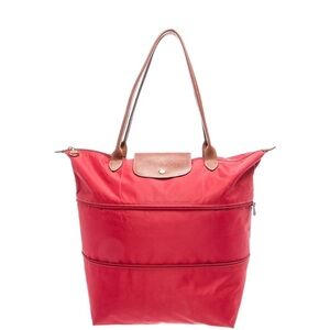 Longchamp Vibrant Red Tote with brown leather accents